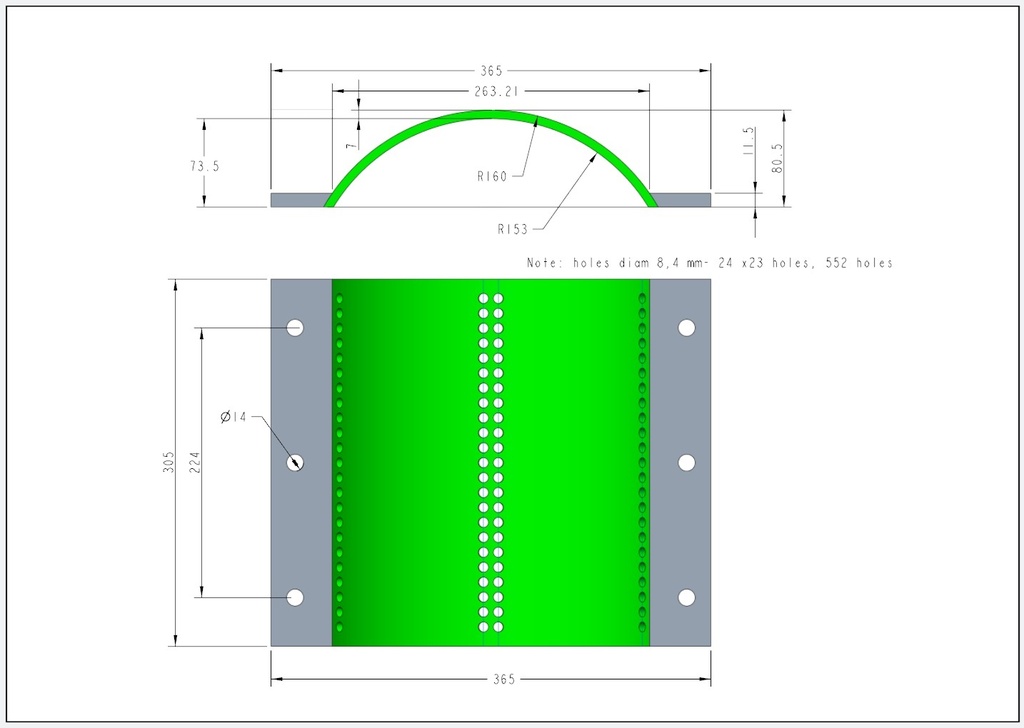 Screen for plastic mill thickness 7mm, Radius 160 with round perforations 8,4mm diameter , no of holes 24x23 gauri, total 552. with mounting edges 11,5mm thickness an no 3 fixing holes size 14mm 